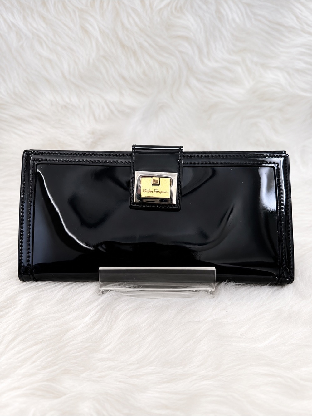 Salvatore Ferragamo Black Patent Leather Snap Wallet with Gold Plaque